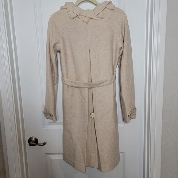 Rebecca Taylor Womens Sz 4 Belted Coat Wool Blend Long Beige Ruffle Collar Retro - Picture 2 of 13